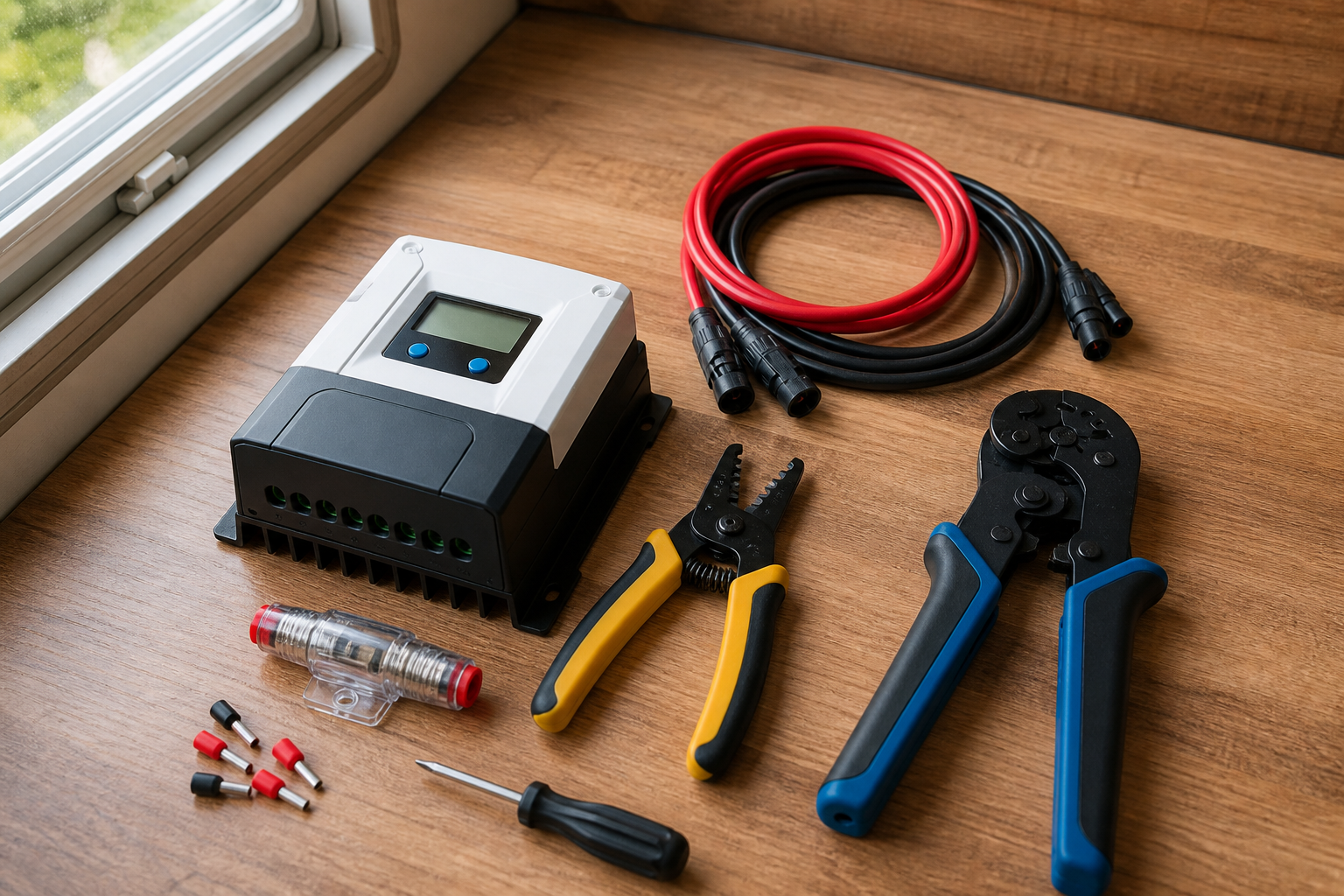 Tools and MC4 cables laid out for MPPT charge controller installation