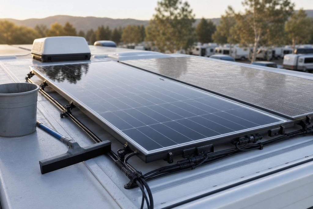 Person cleaning RV solar panels with soft brush at golden hour