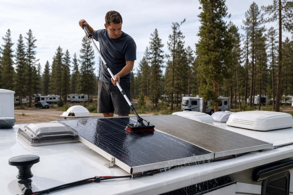 Man cleaning RV solar panels with soft brush on rooftop