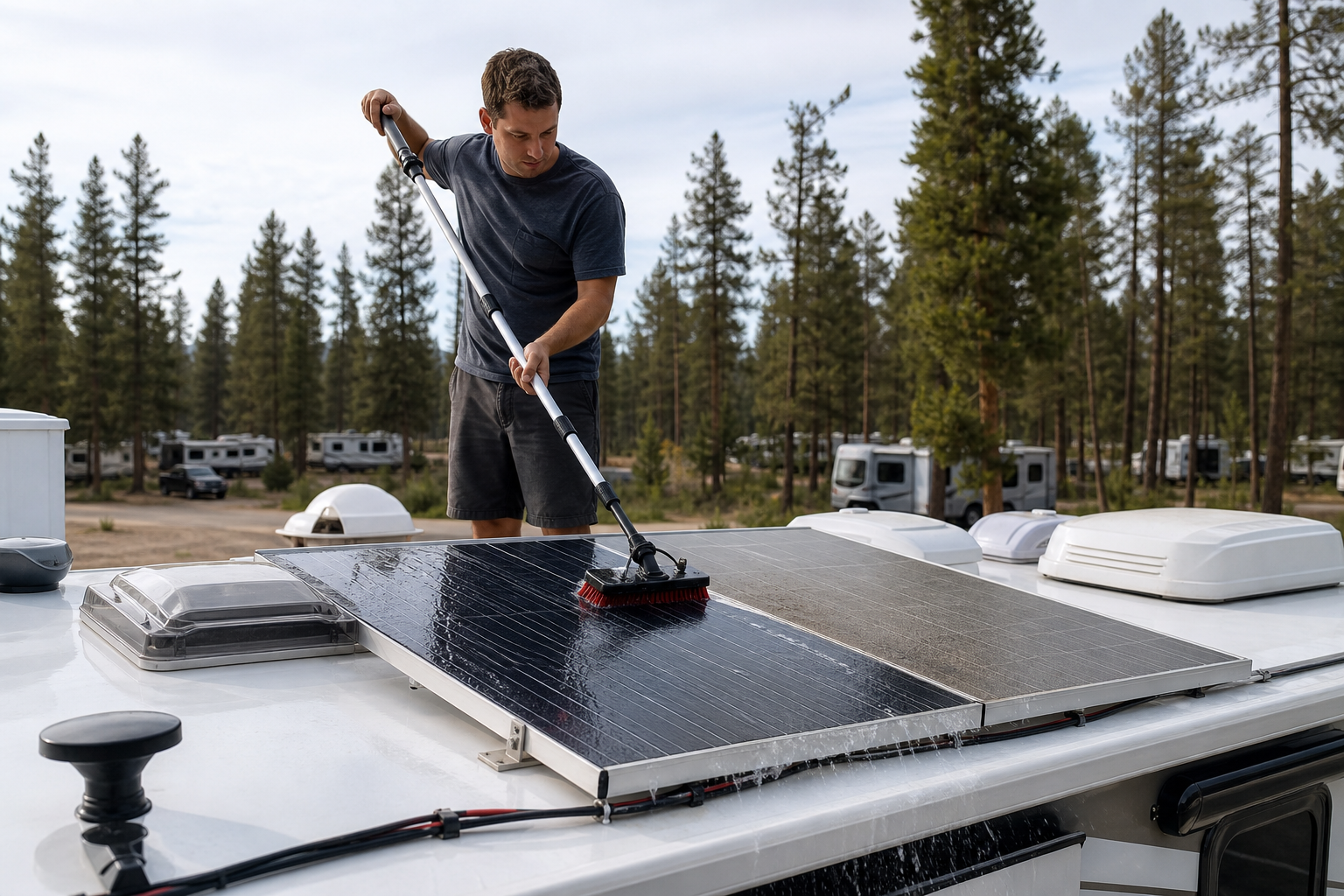 Man cleaning RV solar panels with soft brush on rooftop