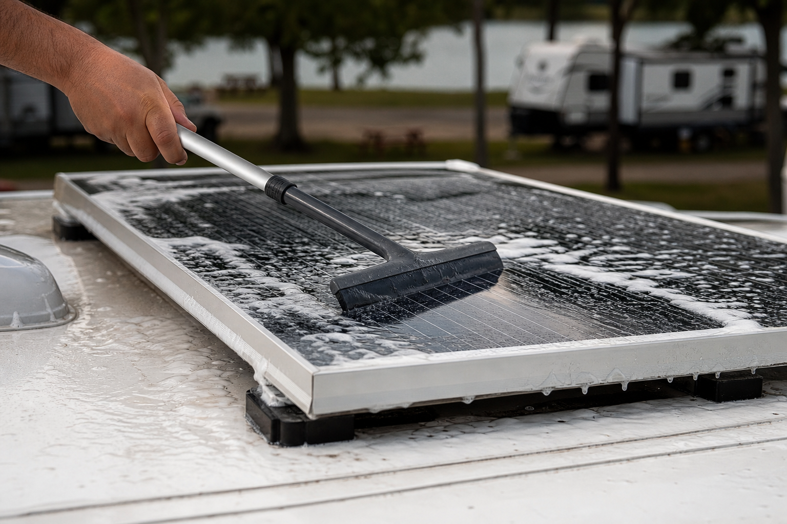 Hands squeegee cleaning an RV solar panel step by step