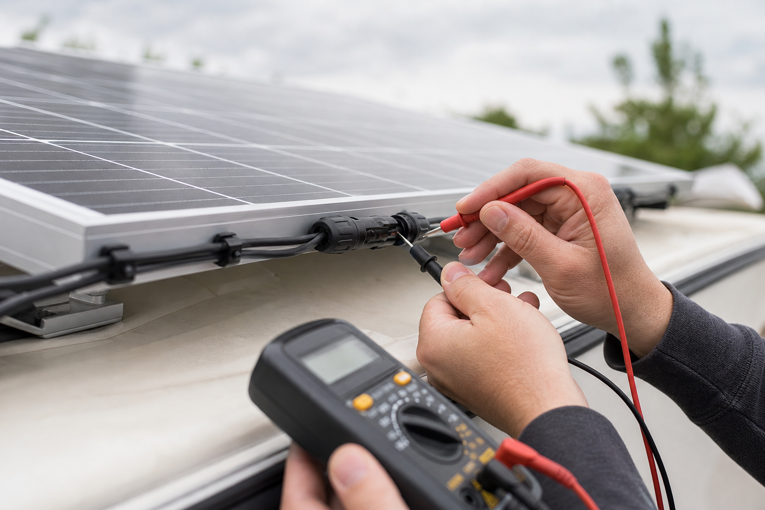Hands testing RV solar panel output with a multimeter