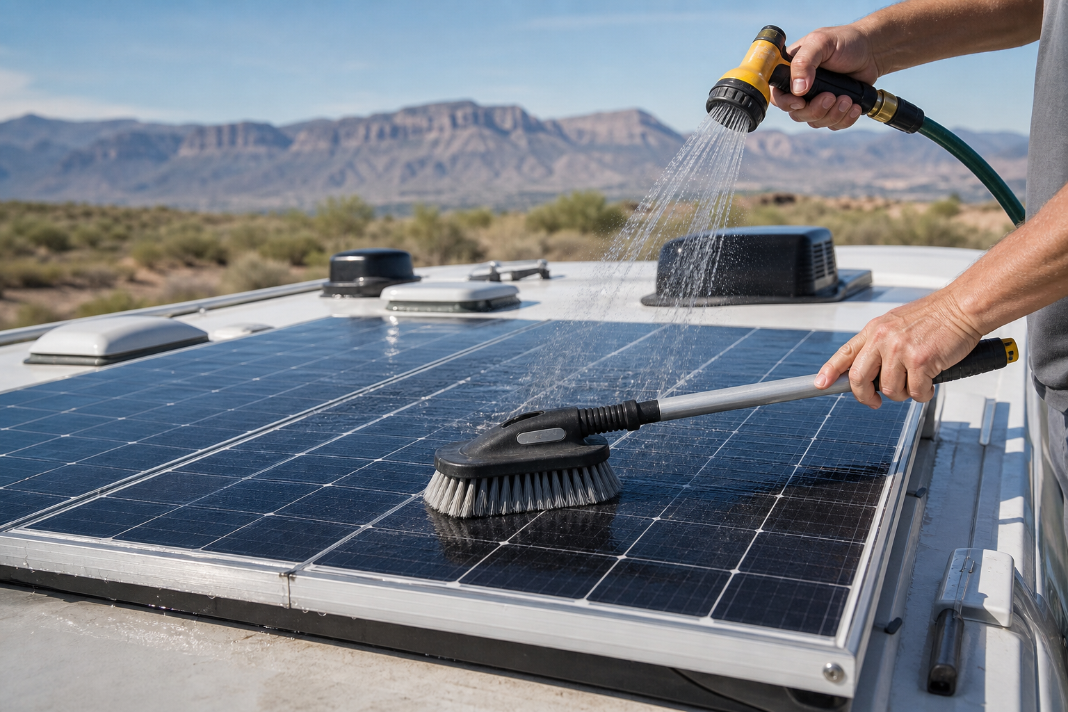Cleaning an RV solar panel with a soft brush and water