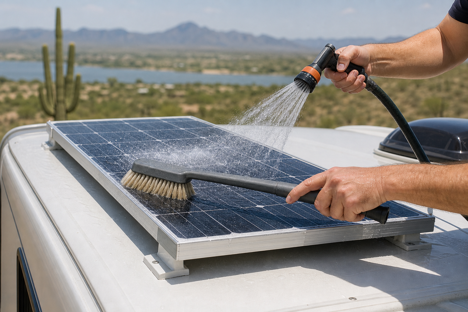 Cleaning an RV solar panel with a soft brush and water