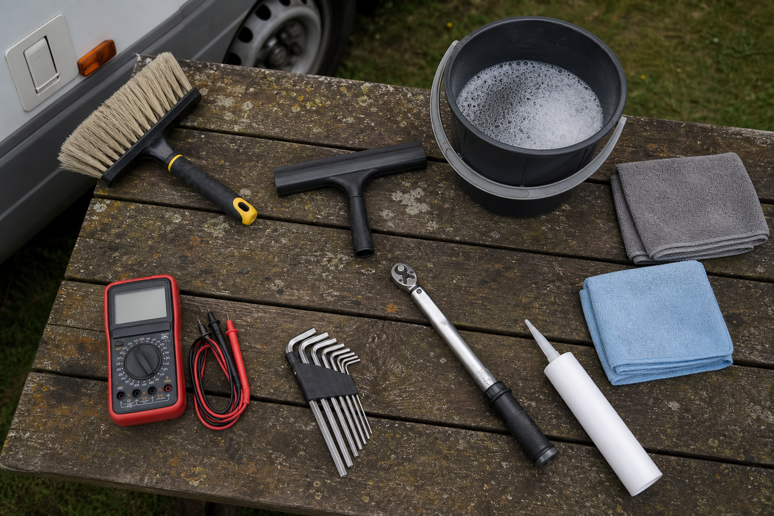 Tools laid out for RV solar panel cleaning and inspection