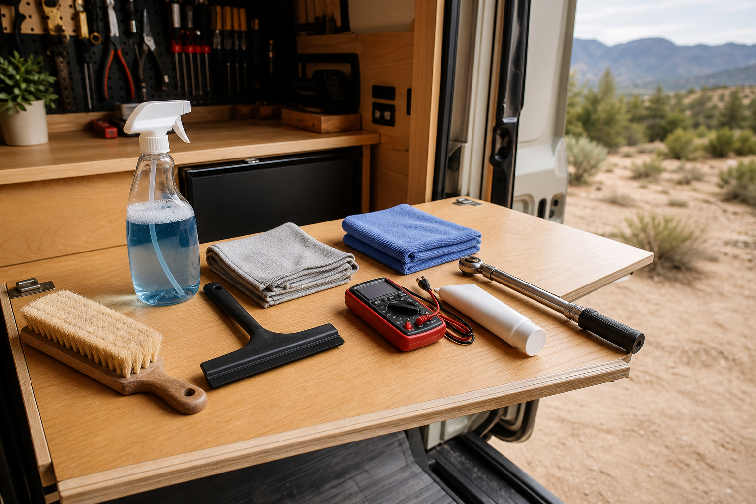 Tools and cleaning supplies laid out for RV solar panel maintenance