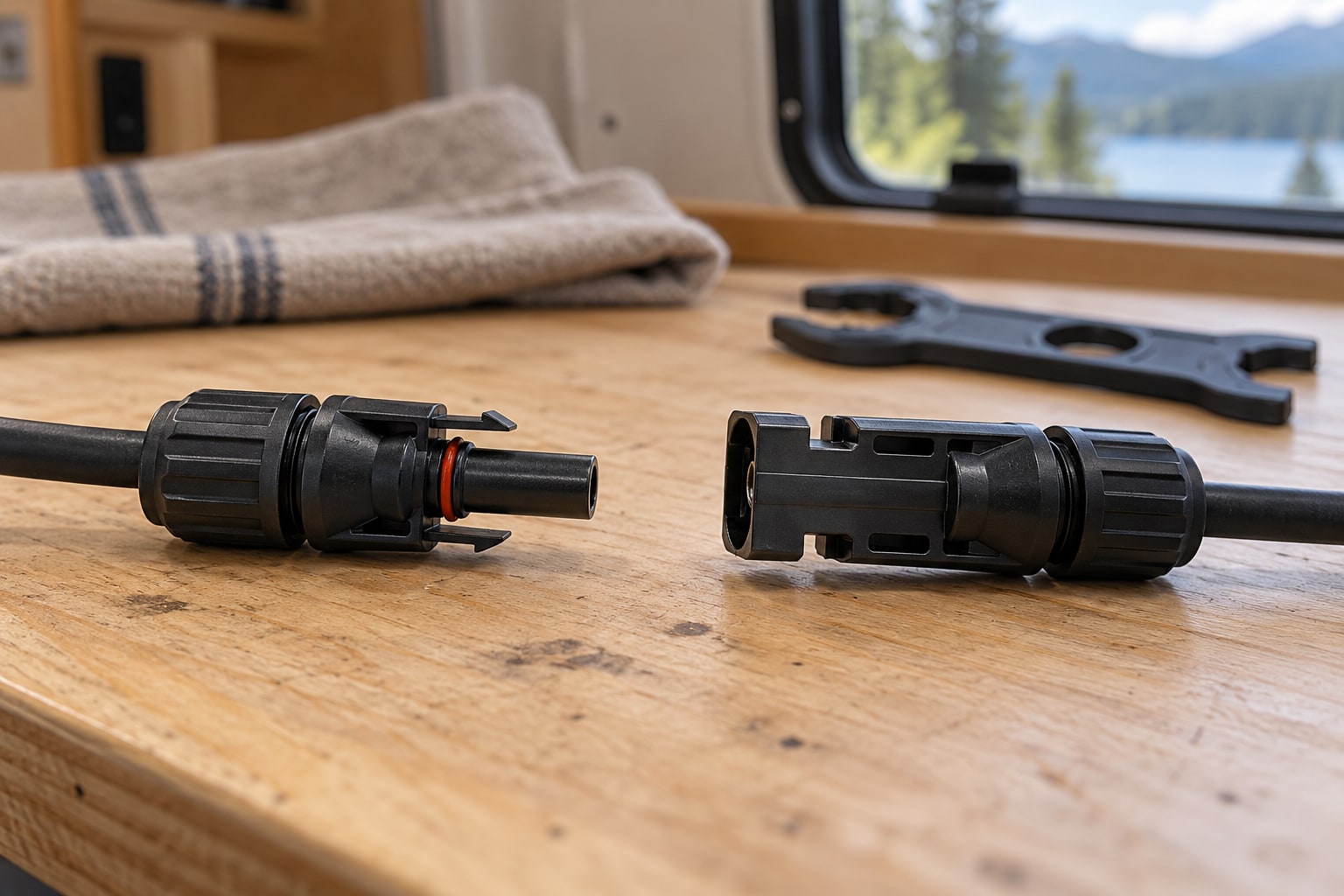 A matching pair of disconnected solar cable connectors facing each other on a camper van workbench