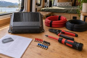 MPPT charge controller with its terminal cover closed, red and black cable, a torque screwdriver and wiring tools on an RV workbench