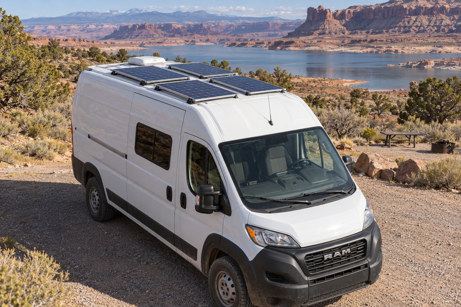 RAM ProMaster camper van with four rigid solar panels mounted on its roof at a lakeside campsite
