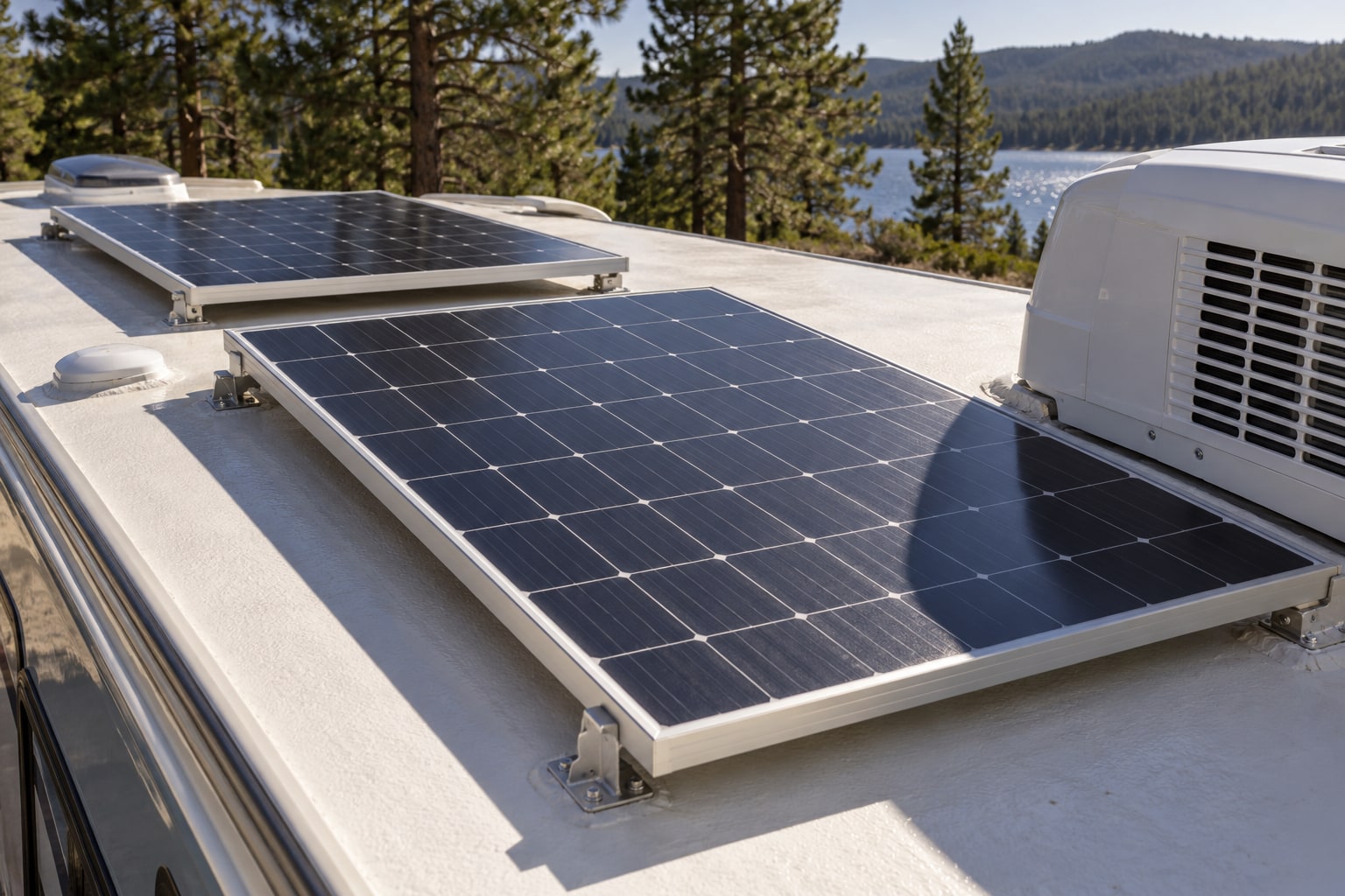 An RV air conditioner shroud casts a shadow across part of one roof solar panel while a second panel remains in sunlight