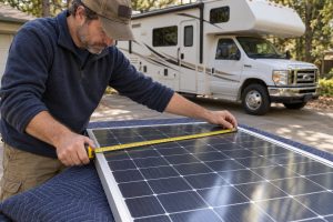Person measuring a rigid solar panel on a padded table beside a Ford-based Class C motorhome
