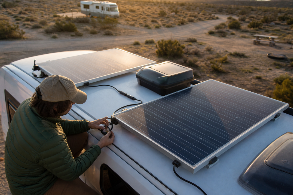 Person wiring RV solar panels in series on camper roof