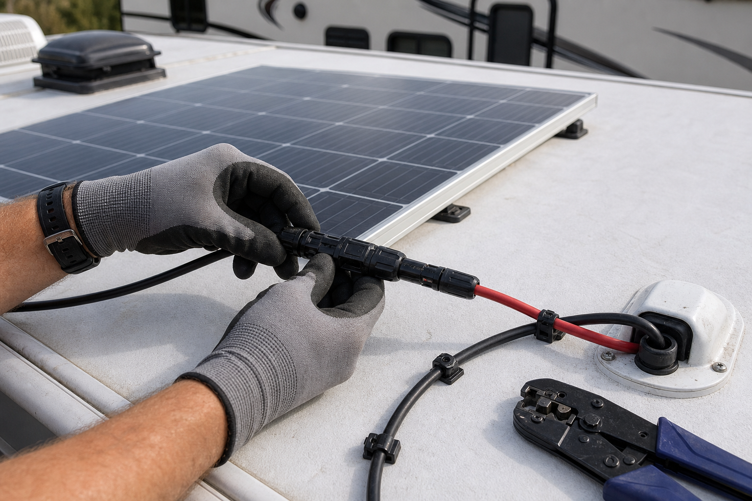 Gloved hands adding inline fuse to RV solar wiring