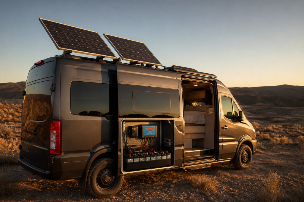 Camper van with rooftop solar panels and 12V vs 24V wiring bay