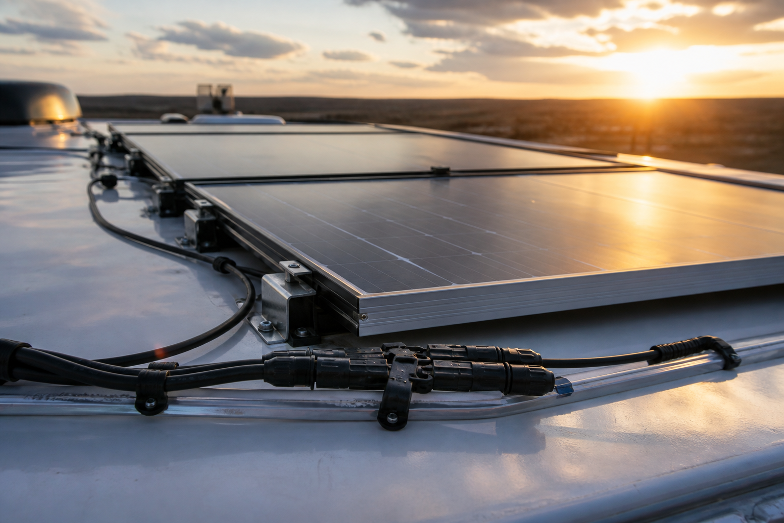 RV rooftop solar panels wired in series showing voltage and current tradeoff