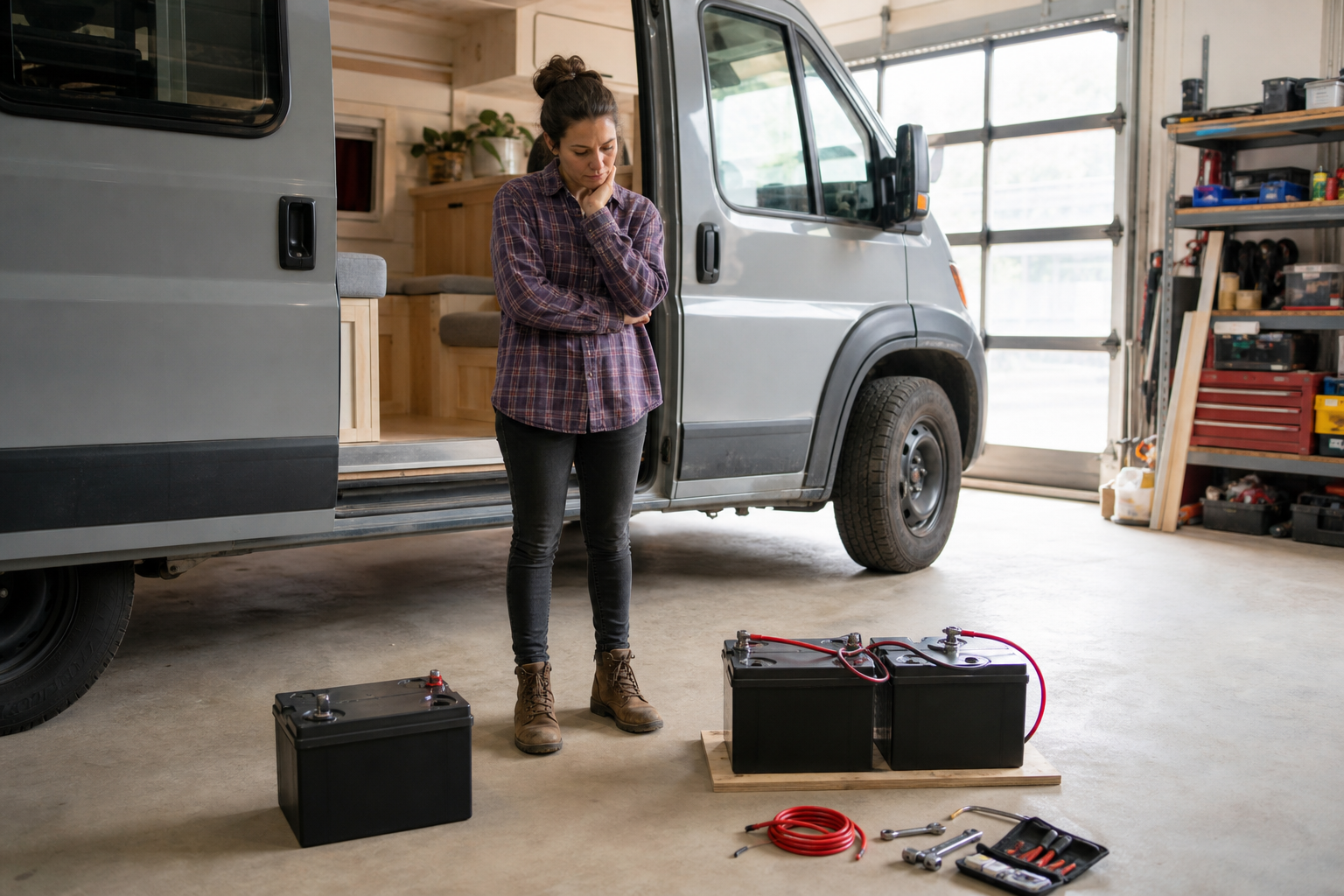 RV owner deciding between 12V and 24V battery bank layouts
