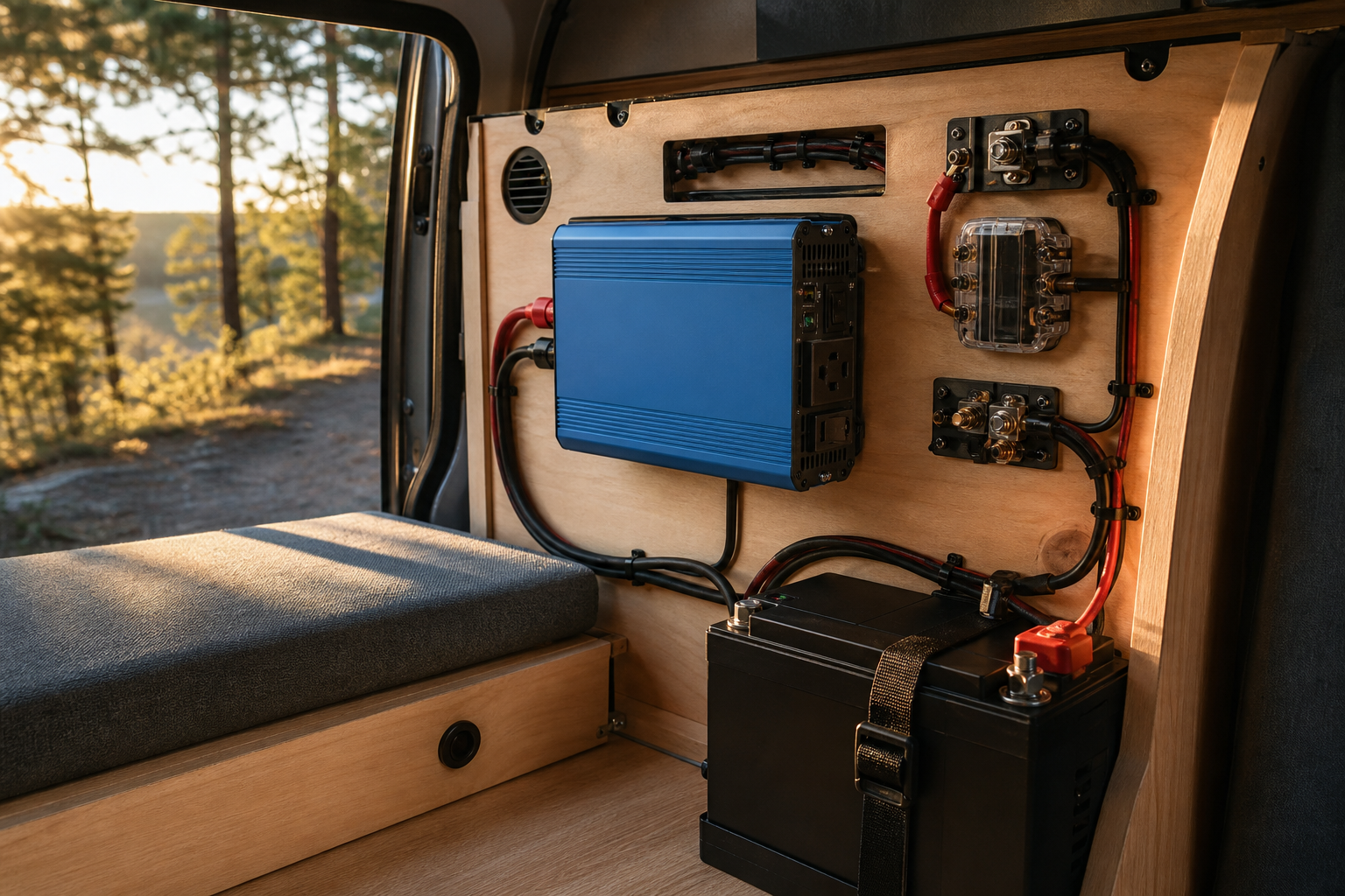Pure sine wave inverter installed neatly inside a camper van