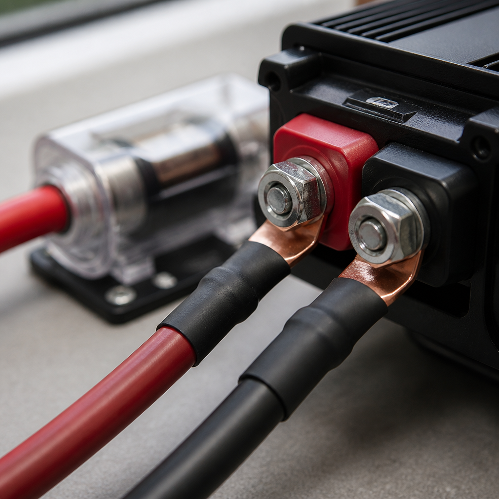 Close-up of thick DC cables and fuse on inverter terminals