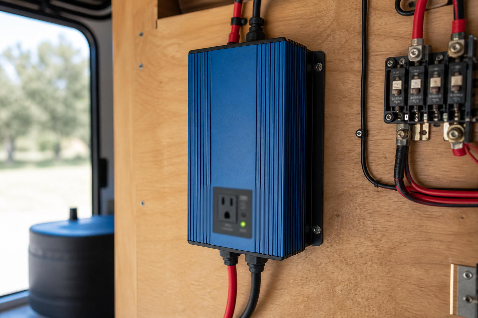 Wall-mounted pure sine wave inverter with neat DC cabling in RV