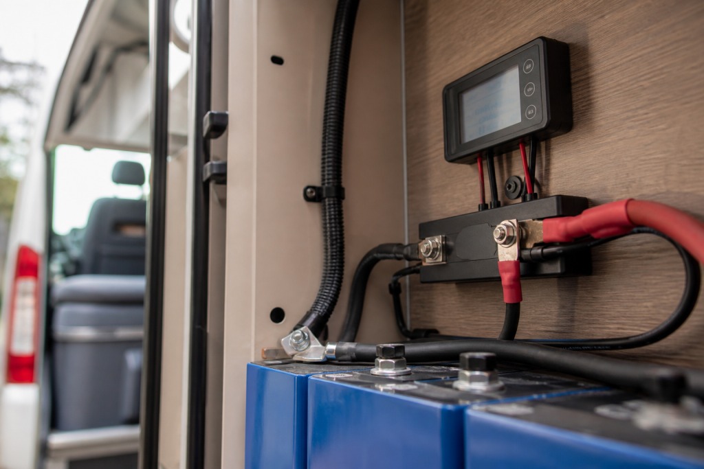 RV battery monitor shunt wired to lithium battery bank negative terminal
