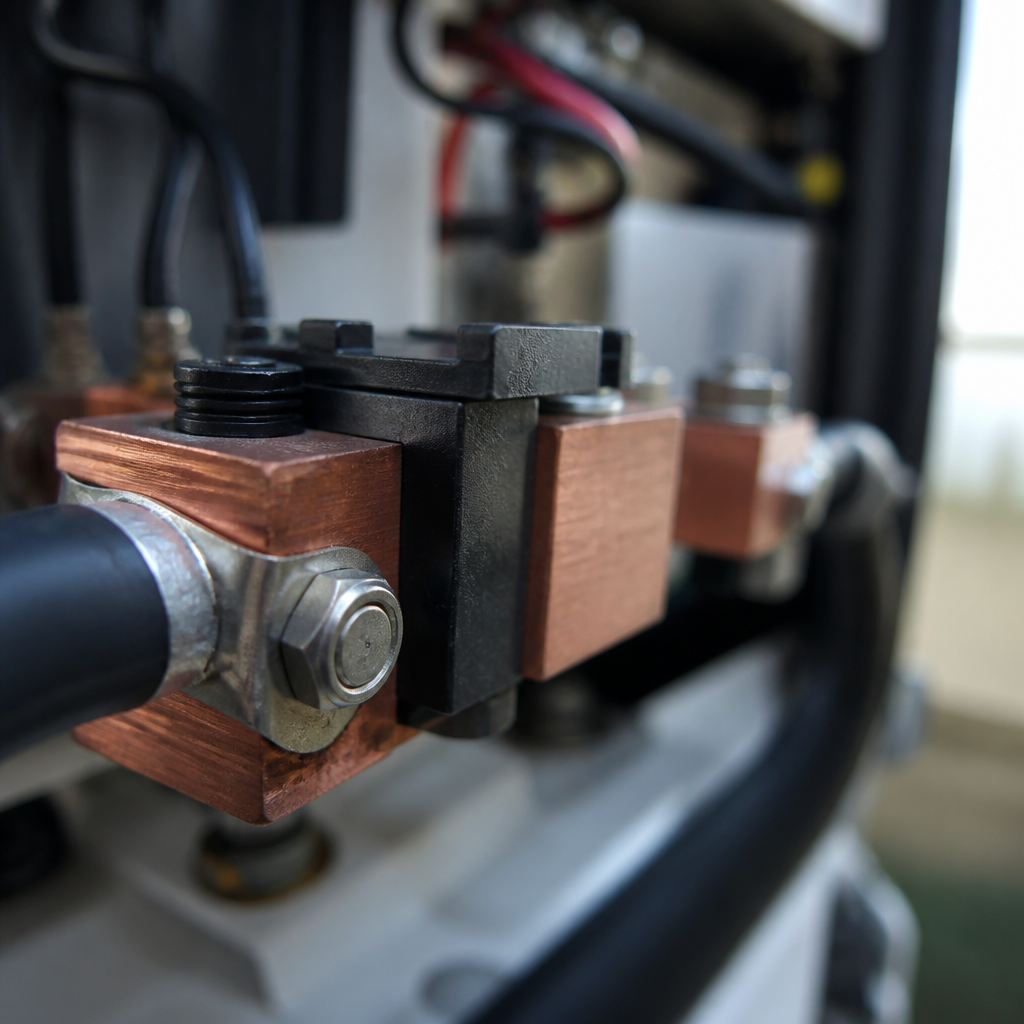 Macro close-up of RV battery monitor shunt copper terminal connection