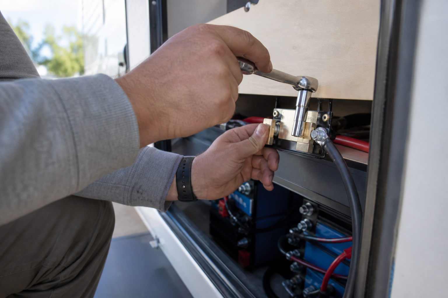 Hands installing battery monitor shunt on RV negative battery cable