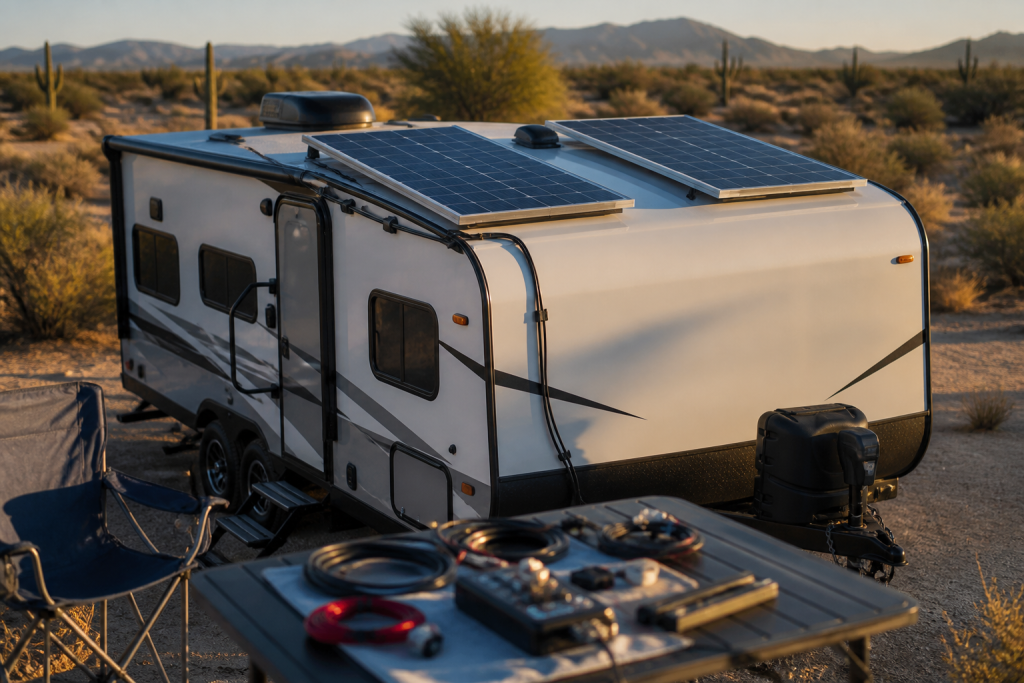 RV with rooftop solar panel kit at golden-hour desert campsite