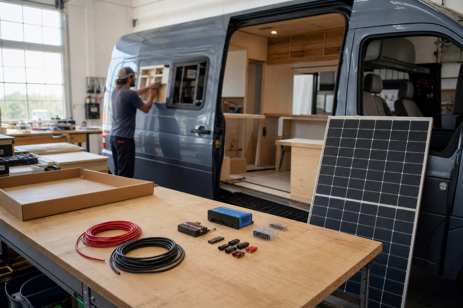 Complete RV solar panel kit components laid out in van workshop