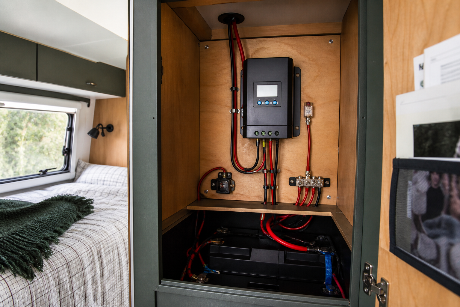 MPPT charge controller wired neatly in RV cabinet for solar charging