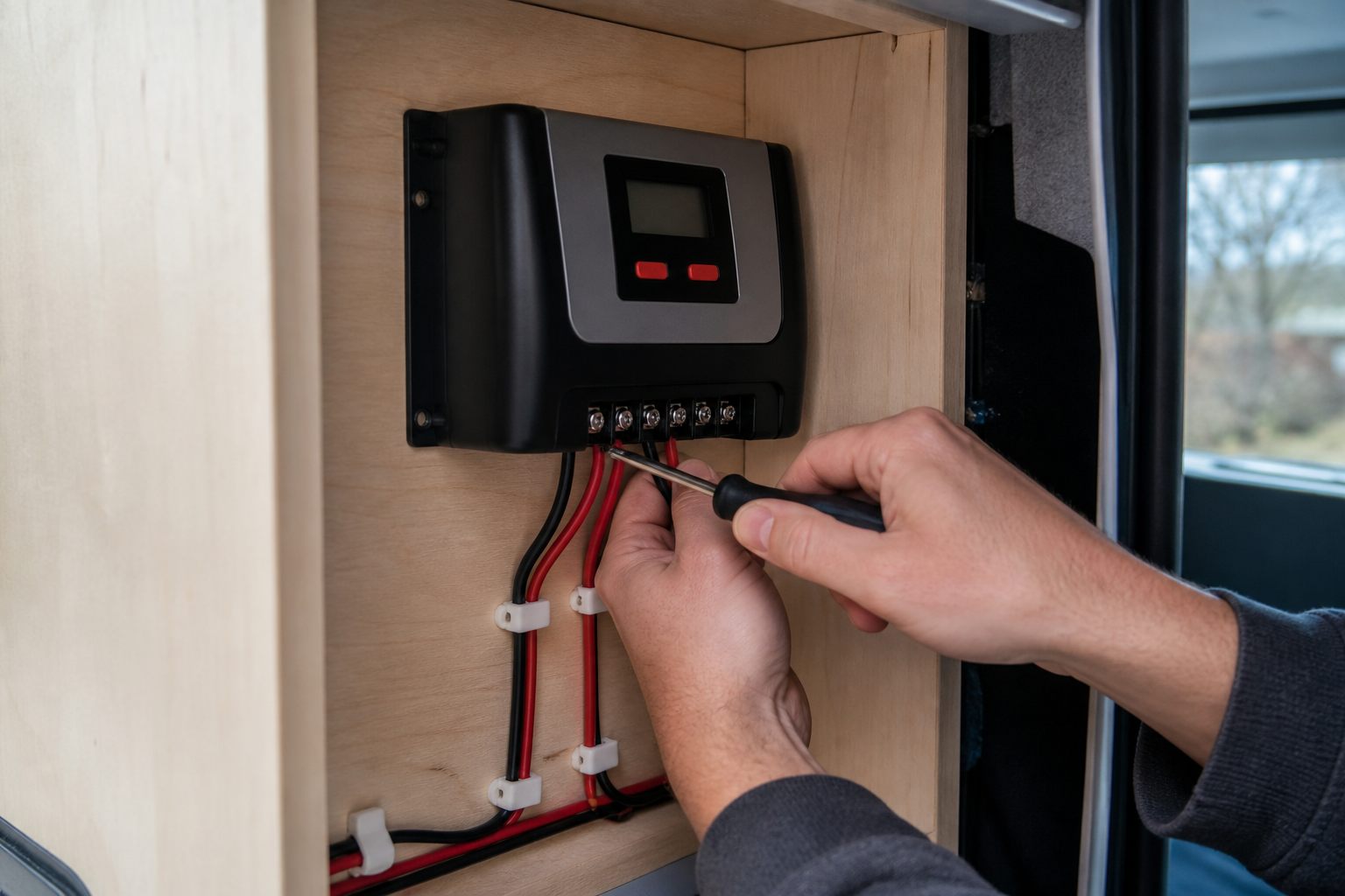 Hands tightening terminal connections on RV solar charge controller
