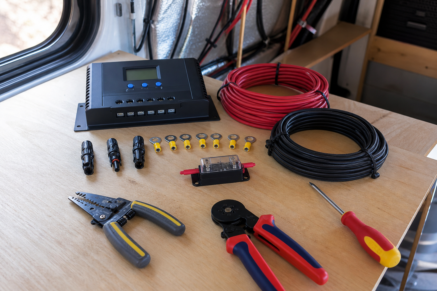 Tools and parts laid out for solar charge controller installation