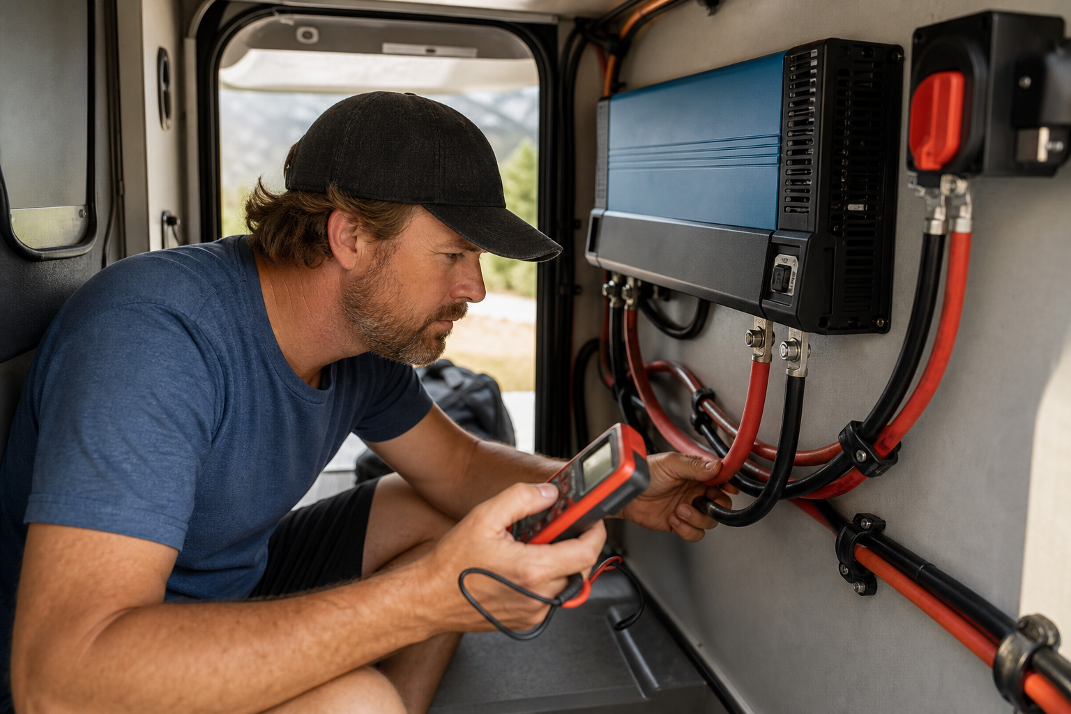 Man inspecting RV inverter cable connections with a multimeter inside camper