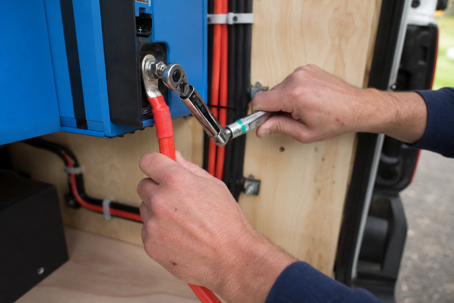 Hands torque-checking inverter terminal connection during RV wiring work