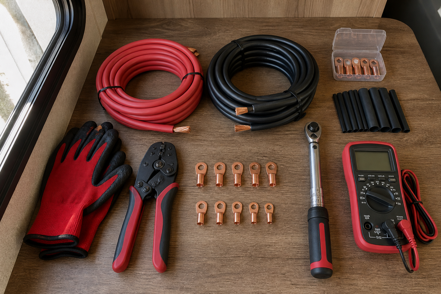 Tools and copper cables laid out for safe RV inverter wiring