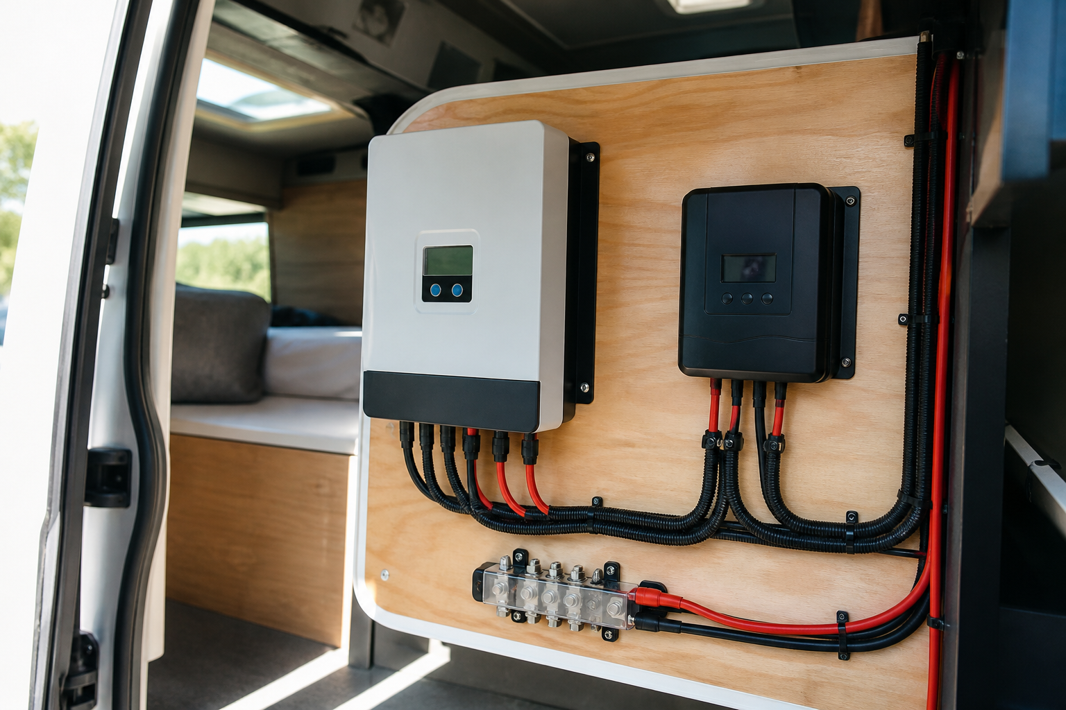 MPPT and PWM solar charge controllers mounted side by side in RV