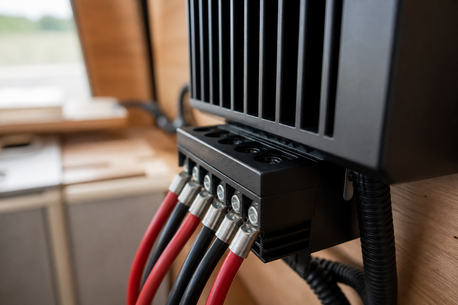 Close-up of MPPT charge controller heatsink and wiring terminals