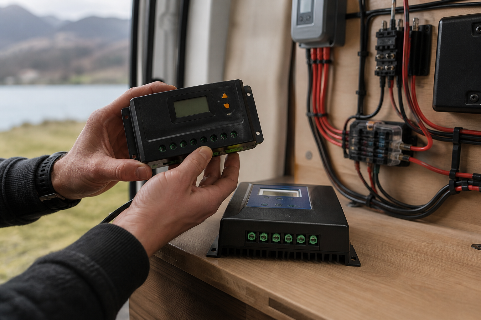 Hands weighing PWM controller choice against MPPT unit for RV