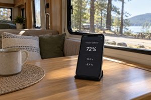 Smartphone on an RV dinette showing an illustrative house-battery readout with 72 percent charge