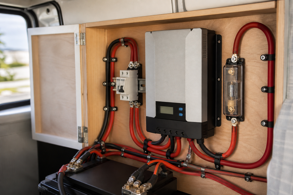 RV charge controller cabinet with fuses and breakers neatly wired