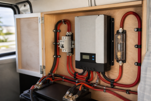 RV charge controller cabinet with fuses and breakers neatly wired