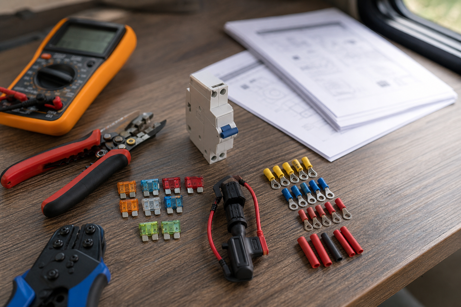 Tools, fuses, and breakers gathered for RV solar installation