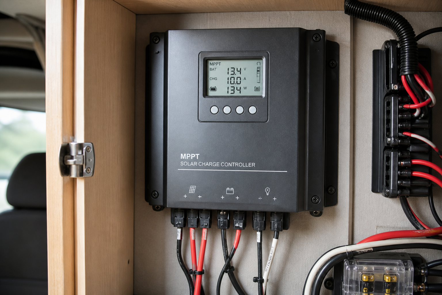 MPPT charge controller mounted in RV cabinet with clean wiring