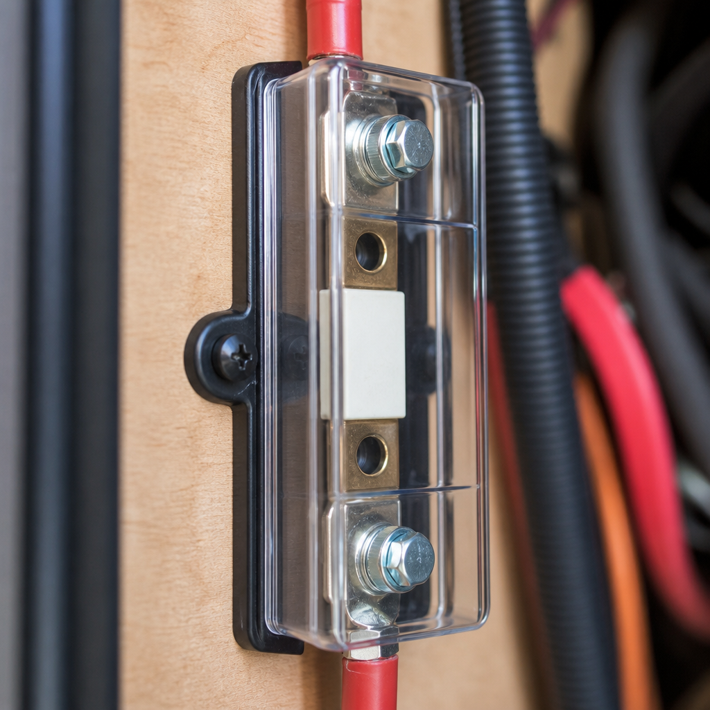 Close-up of an ANL fuse protecting RV positive wiring