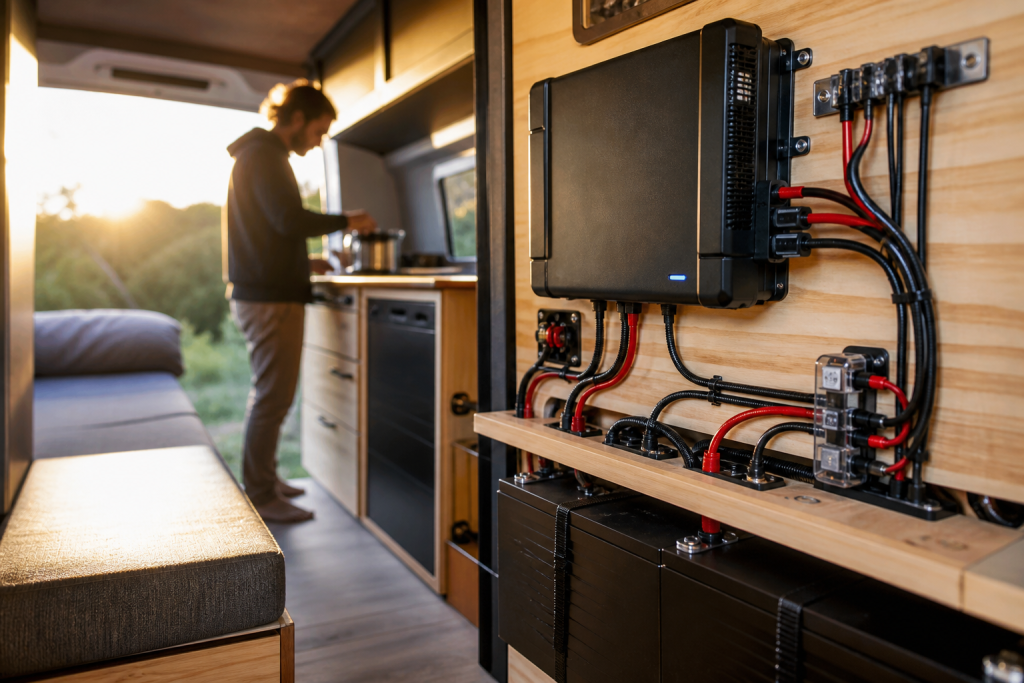 Neatly installed RV inverter and battery bank inside camper van