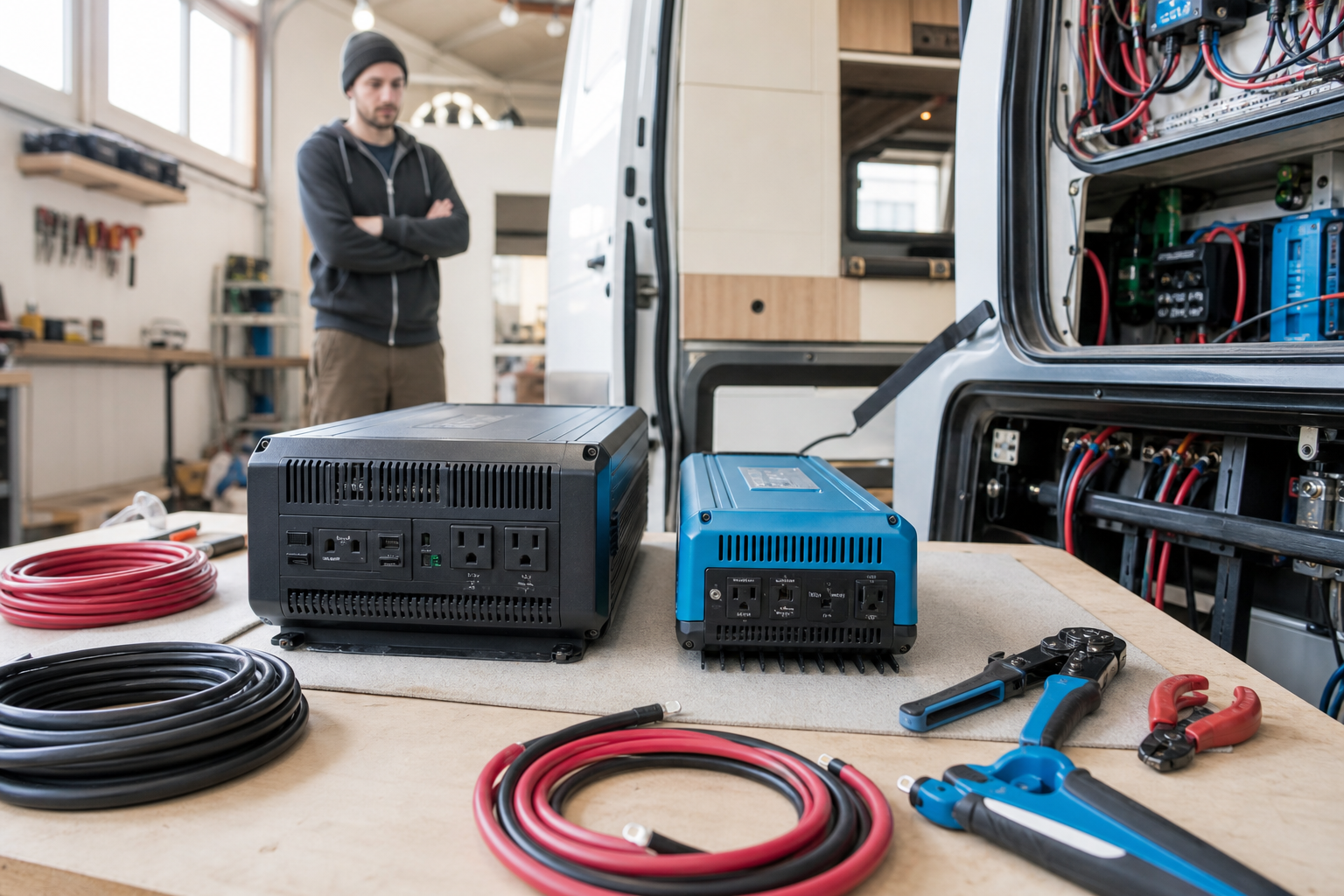 Two inverter sizes compared on workbench during RV electrical build