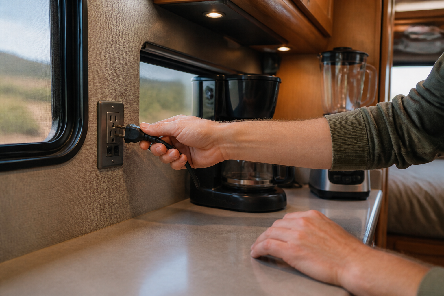 Hands plugging RV appliance into inverter-powered outlet in galley