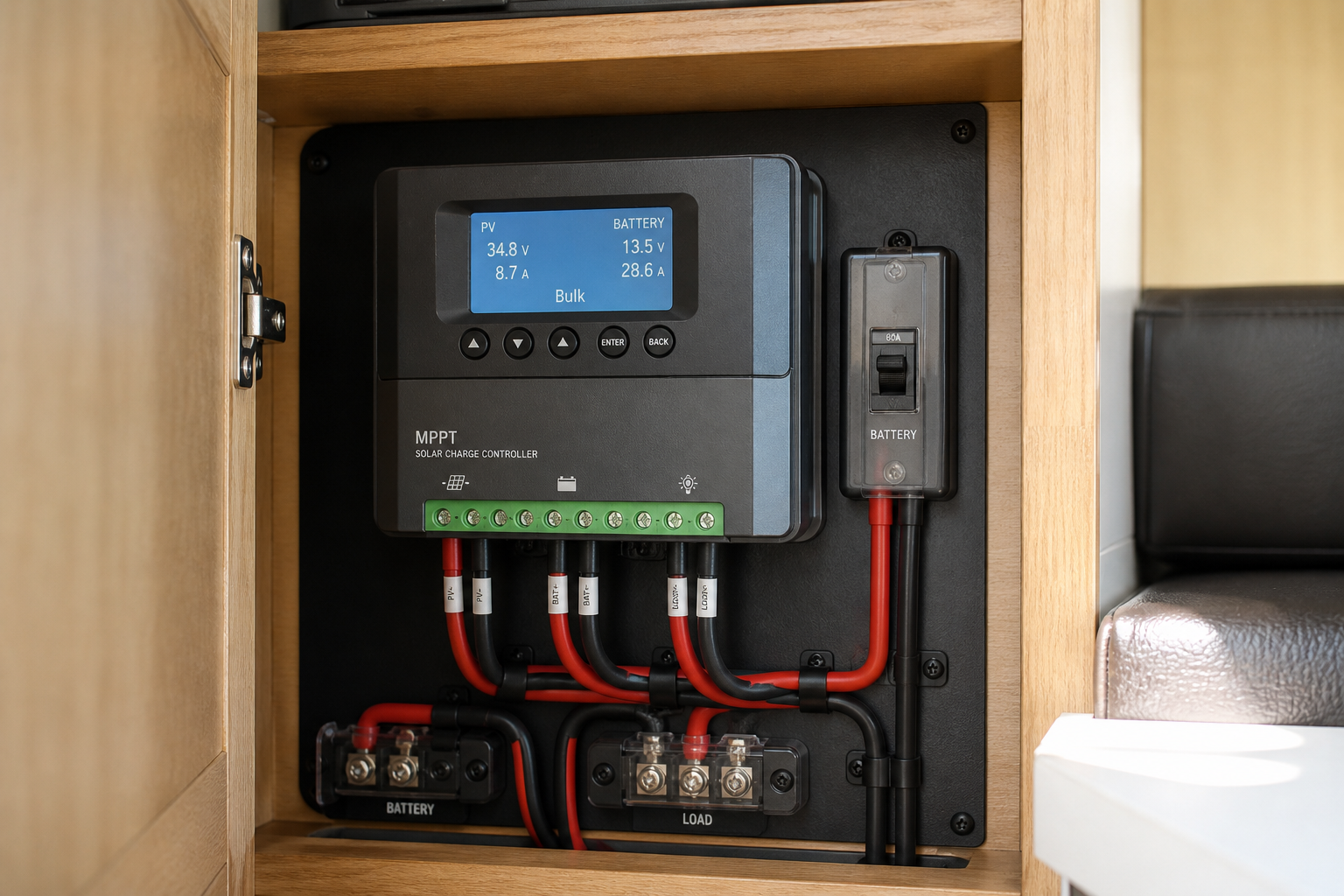 MPPT charge controller mounted in RV cabinet with clean wiring