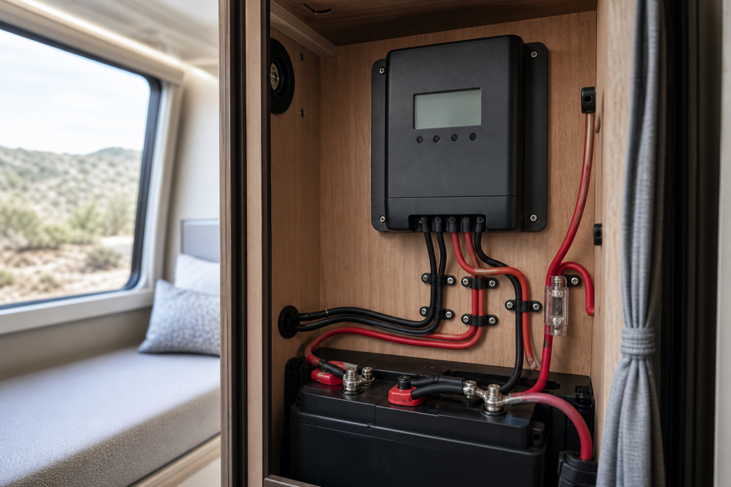 MPPT RV solar charge controller mounted with neat wiring