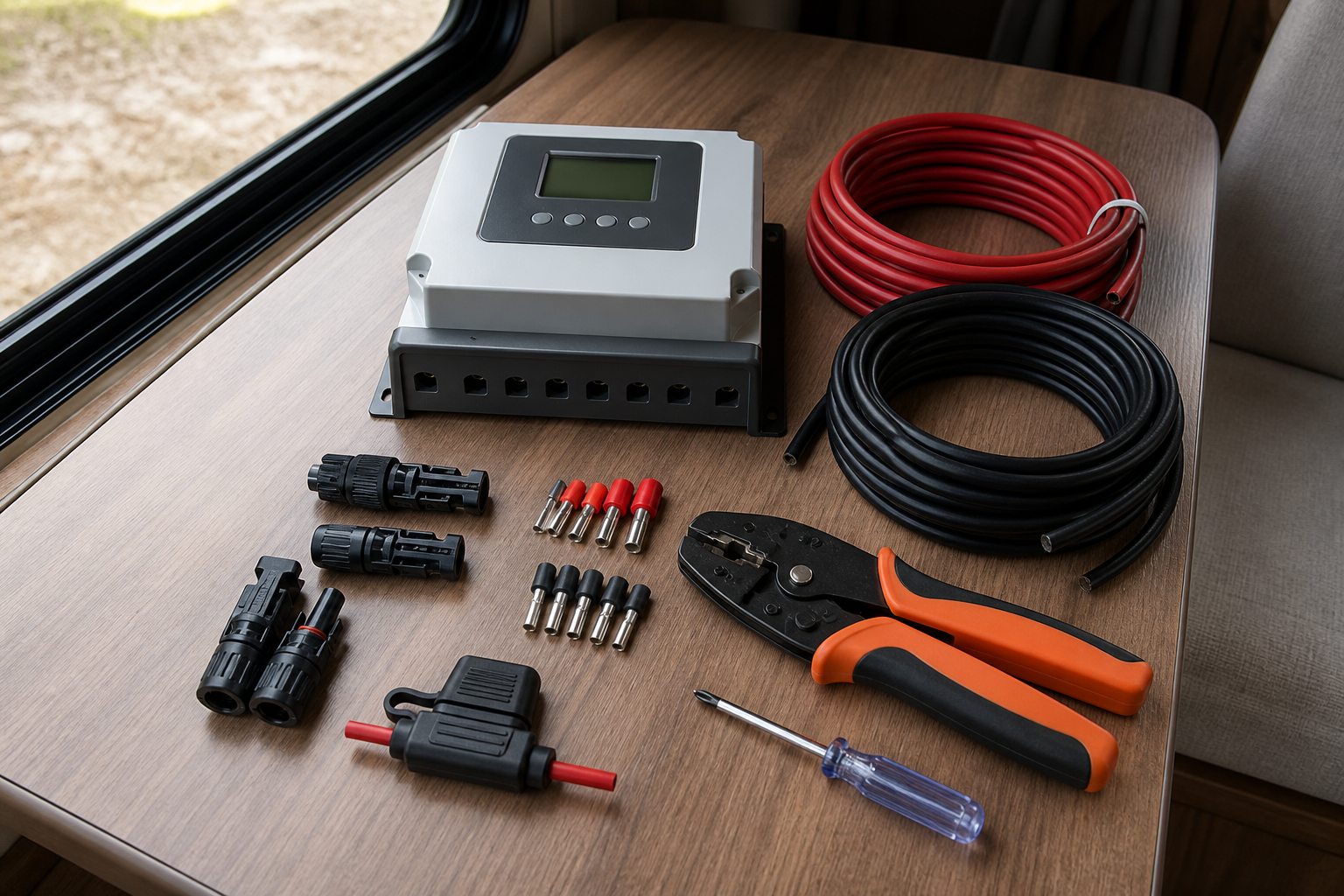 Tools and MPPT controller components laid out for RV solar installation