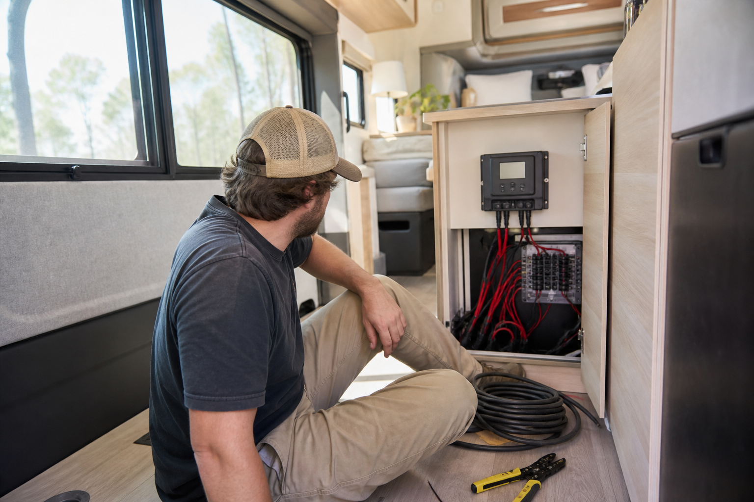 RV owner planning solar charge controller amperage sizing at cabinet